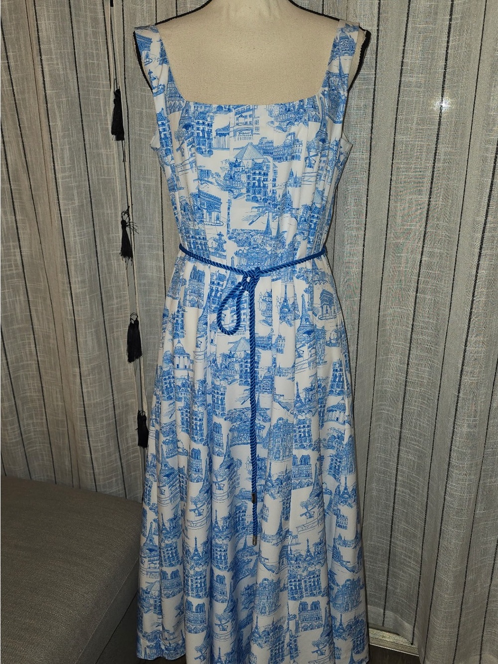 Karl Lagerfeld White Maxi Dress with Blue Scenic Print and Braided Belt